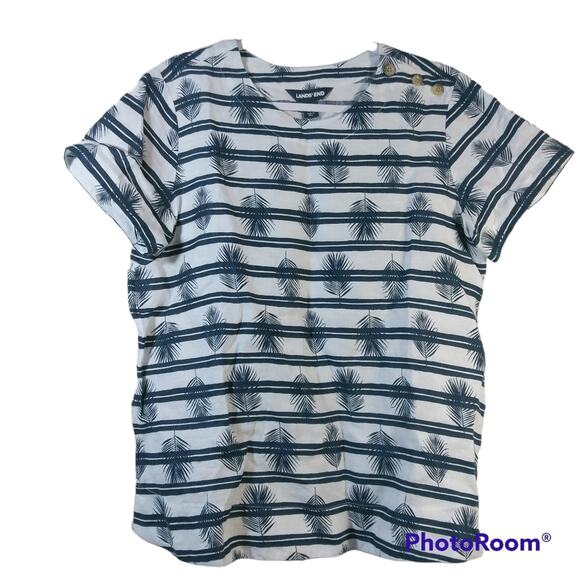 Lands' End Blue Stripe Linen Short Sleeve Top Palm Leaf Print Size 10-12 - Picture 1 of 7